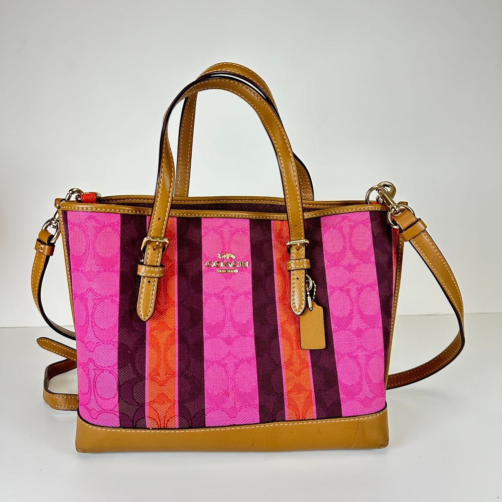 Coach Dempsey Tote 22‎ Signature Canvas Varsity Stripe Pink Orange Crossbody